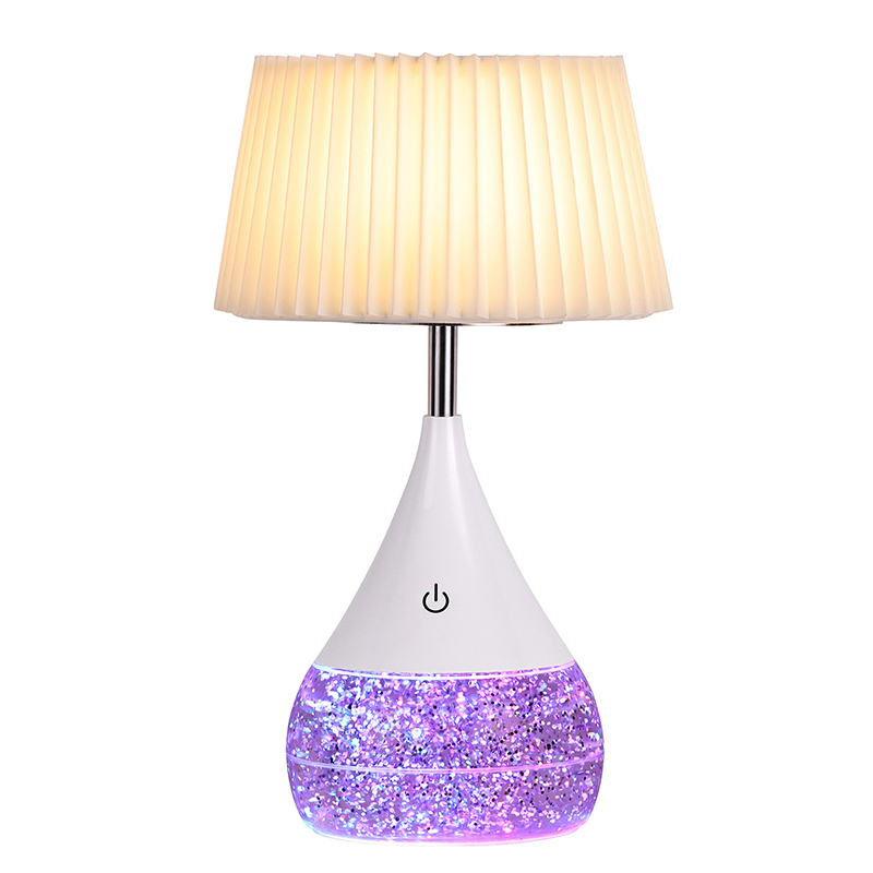 Lampu Meja LED Cairan Glitter kanthi Shade Kain